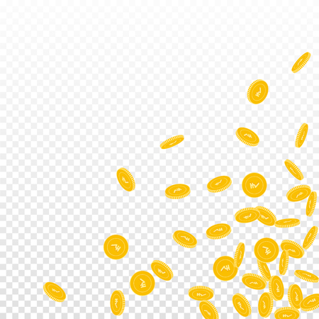 Indian rupee coins falling. Scattered small INR coins on transparent background. Adorable scattered bottom right corner vector illustration. Jackpot or success concept.のイラスト素材