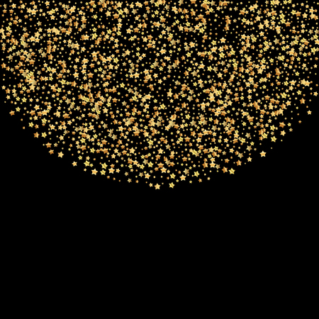 Gold stars luxury sparkling confetti. Scattered small gold particles on black background. Amusing festive overlay template. Lovely vector illustration.のイラスト素材