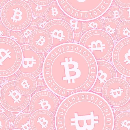 Bitcoin, internet currency copper coins seamless pattern. Astonishing scattered pink BTC coins. Success concept. Cryptocurrency, digital money pattern. Coin vector illustration.のイラスト素材
