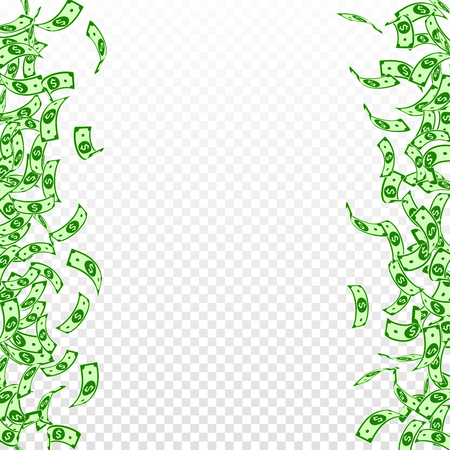 American dollar notes falling. Small USD bills on transparent background. USA money. Comely vector illustration. Ravishing jackpot, wealth or success concept.のイラスト素材