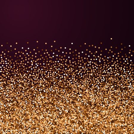 Red round gold glitter luxury sparkling confetti. Scattered small gold particles on red maroon background. Amazing festive overlay template. Pleasant vector illustration.のイラスト素材