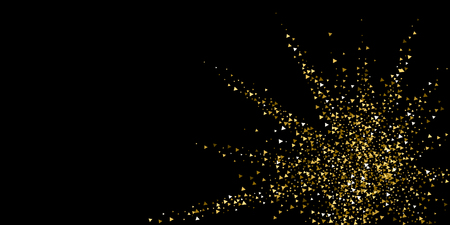 Gold triangles luxury sparkling confetti. Scattered small gold particles on black background. Attractive festive overlay template. Sightly vector illustration.のイラスト素材