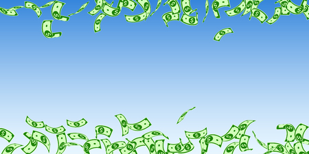 American dollar notes falling. Floating USD bills on blue sky background. USA money. Curious vector illustration. Positive jackpot, wealth or success concept.のイラスト素材