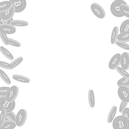 Bitcoin, internet currency coins falling. Scattered black and white BTC big coins. Jackpot or success concept. Delightful messy border vector illustration.のイラスト素材