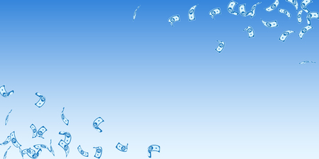 Bitcoin, internet currency notes falling. Sparse BTC bills on blue sky background. Cryptocurrency, digital money. Alive vector illustration. Unique jackpot, wealth or success concept.のイラスト素材