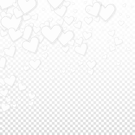 White heart love confettis. Valentine's day falling rain breathtaking background. Falling stitched paper hearts confetti on transparent background. Curious vector illustration.のイラスト素材