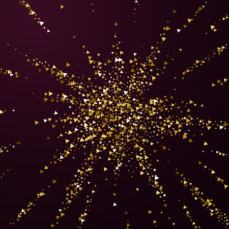 Gold triangles luxury sparkling confetti. Scattered small gold particles on red maroon background. Admirable festive overlay template. Fantastic vector illustration.のイラスト素材