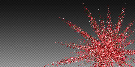 Red gold glitter luxury sparkling confetti. Scattered small gold particles on transparent background. Attractive festive overlay template. Unusual vector illustration.のイラスト素材