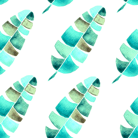 Tropical seamless pattern. Watercolor childlike palm leaves, japanese bamboo. Green exotic swimwear design. Summer tropic repeated print. Creative textile illustration.の写真素材