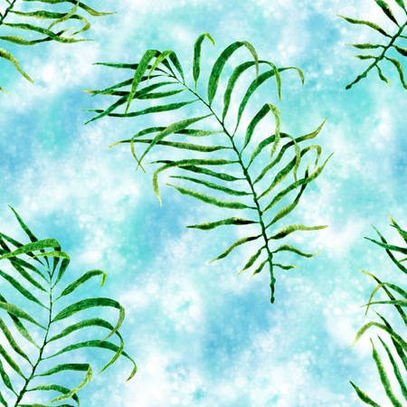 Tropical seamless pattern. Watercolor flapping palm leaves, japanese bamboo. Green exotic swimwear design. Summer tropic repeated print. Positive textile illustration.の写真素材