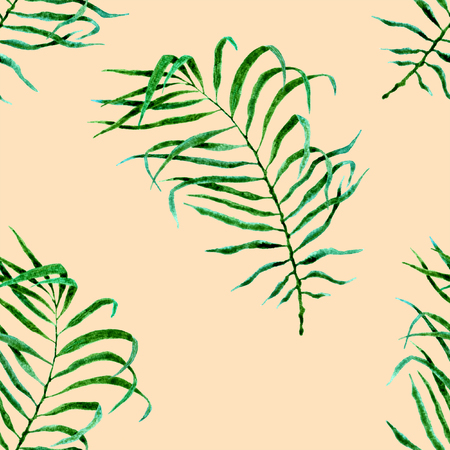 Tropical seamless pattern. Watercolor flapping palm leaves, japanese bamboo. Green exotic swimwear design. Summer tropic repeated print. Precious textile illustration.の写真素材
