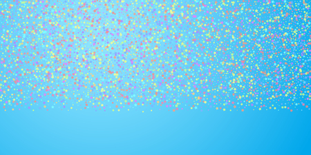 Festive confetti. Celebration stars. Colorful stars on blue sky background. Delightful festive overlay template. Vibrant vector illustration.のイラスト素材