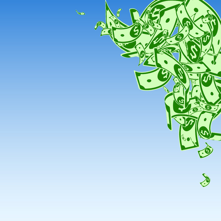 American dollar notes falling. Messy USD bills on blue sky background. USA money. Curious vector illustration. Adorable jackpot, wealth or success concept.のイラスト素材