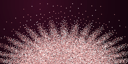 Pink gold glitter luxury sparkling confetti. Scattered small gold particles on red maroon background. Authentic festive overlay template. Positive vector illustration.のイラスト素材