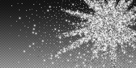 Sparkling silver luxury sparkling confetti. Scattered small gold particles on trasparent background. Alive festive overlay template. Comely vector illustration.のイラスト素材