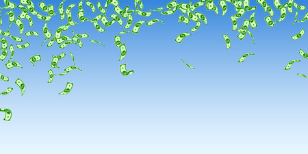 American dollar notes falling. Sparse USD bills on blue sky background. USA money. Curious vector illustration. Fascinating jackpot, wealth or success concept.のイラスト素材