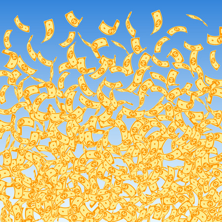 Korean won notes falling. Small WON bills on blue sky background. Korea money. Dazzling vector illustration. Appealing jackpot, wealth or success concept.のイラスト素材