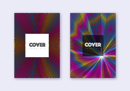 Hipster cover design template set. Rainbow abstract lines on wine red background. Creative cover design. Modern catalog, poster, book template etc.のイラスト素材