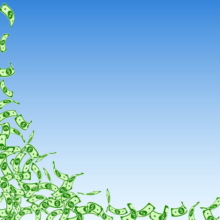 American dollar notes falling. Small USD bills on blue sky background. USA money. Classy vector illustration. Great jackpot, wealth or success concept.のイラスト素材
