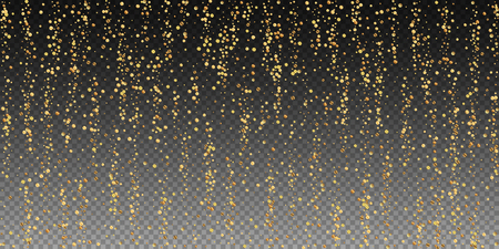 Gold confetti luxury sparkling confetti. Scattered small gold particles on transparent background. Bizarre festive overlay template. Classy vector illustration.のイラスト素材