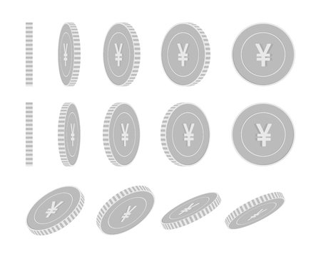 Chinese yuan rotating coins set, animation ready. Black and white CNY silver coins rotation. China metal money. Beautiful cartoon vector illustration.のイラスト素材