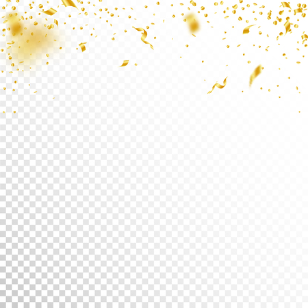 Streamers and confetti. Gold tinsel and foil ribbons. Confetti gradient on white transparent background. Beauteous paty overlay template. Ravishing celebration concept.のイラスト素材