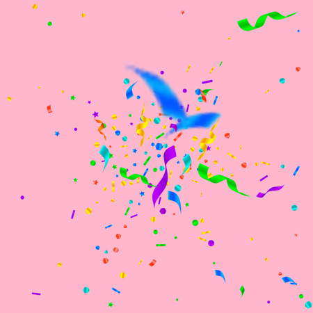 Streamers and confetti. Festive tinsel and foil ribbons. Confetti explosion on pink background. Authentic paty overlay template. Precious celebration concept.のイラスト素材