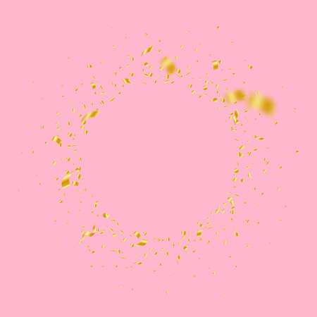 Streamers and confetti. Gold tinsel and foil ribbons. Confetti vignette on pink background. Beautiful paty overlay template. Interesting celebration concept.のイラスト素材