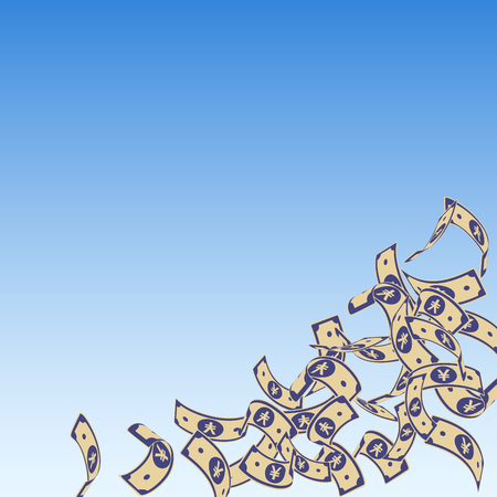 Chinese yuan notes falling. Floating CNY bills on blue sky background. China money. Dramatic vector illustration. Astonishing jackpot, wealth or success concept.のイラスト素材