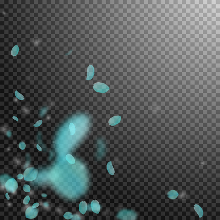 Turquoise flower petals falling down. Wonderful romantic flowers corner. Flying petal on transparent square background. Love, romance concept. Alluring wedding invitation.のイラスト素材