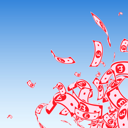 British pound notes falling. Messy GBP bills on blue sky background. United Kingdom money. Awesome vector illustration. Dramatic jackpot, wealth or success concept.のイラスト素材