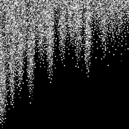 Round silver glitter luxury sparkling confetti. Scattered small gold particles on black background. Alive festive overlay template. Optimal vector illustration.のイラスト素材