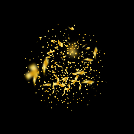 Streamers and confetti. Gold tinsel and foil ribbons. Confetti explosion on black background. Authentic paty overlay template. Uncommon celebration concept.のイラスト素材