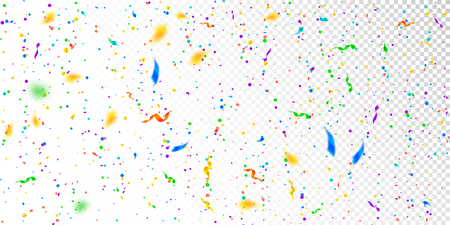 Streamers and confetti. Colorful tinsel and foil ribbons. Confetti falling rain on white transparent background. Bewitching paty overlay template. Elegant celebration concept.のイラスト素材