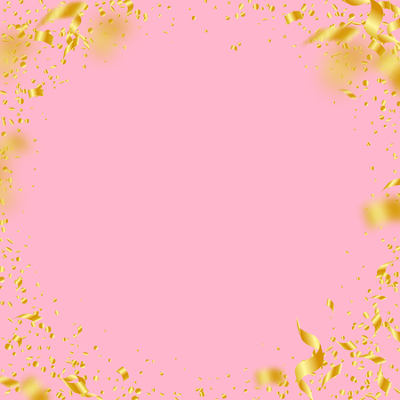 Streamers and confetti. Gold tinsel and foil ribbons. Confetti vignette on pink background. Beautiful paty overlay template. Fascinating celebration concept.のイラスト素材