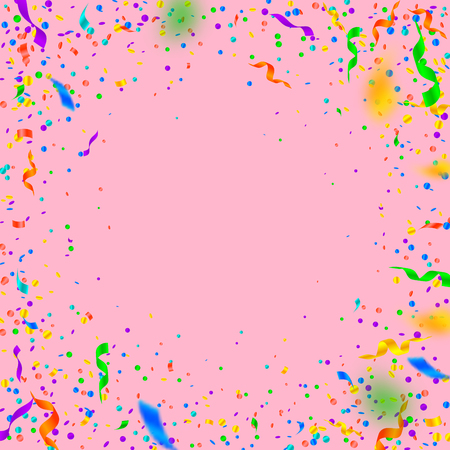 Streamers and confetti. Colorful tinsel and foil ribbons. Confetti vignette on pink background. Beautiful paty overlay template. Comely celebration concept.のイラスト素材