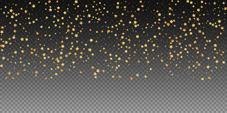 Gold stars random luxury sparkling confetti. Scattered small gold particles on transparent background. Bold festive overlay template. Unusual vector illustration.のイラスト素材
