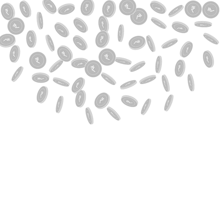 Indian rupee coins falling. Scattered black and white INR sparse coins. Jackpot or success concept. Authentic top semicircle square vector illustration.のイラスト素材
