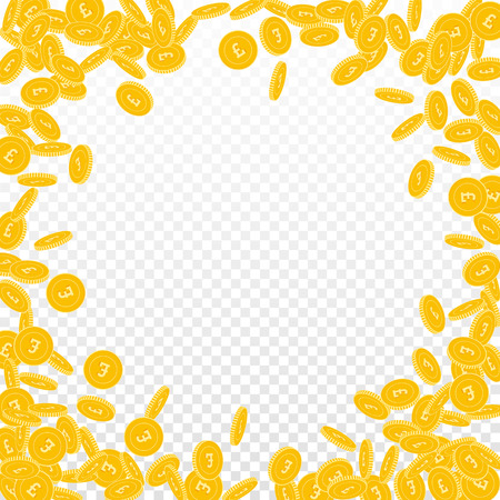 British pound coins falling. Scattered small GBP coins on transparent background. Glamorous round random frame vector illustration. Jackpot or success concept.のイラスト素材