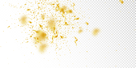 Streamers and confetti. Gold tinsel and foil ribbons. Confetti explosion on white transparent background. Bewitching paty overlay template. Amazing celebration concept.のイラスト素材