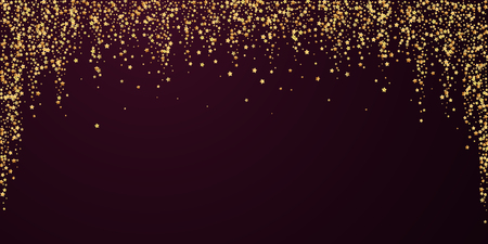 Gold stars luxury sparkling confetti. Scattered small gold particles on red maroon background. Beauteous festive overlay template. Pleasant vector illustration.のイラスト素材