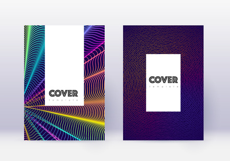 Hipster cover design template set. Rainbow abstract lines on dark blue background. Classic cover design. Valuable catalog, poster, book template etc.のイラスト素材