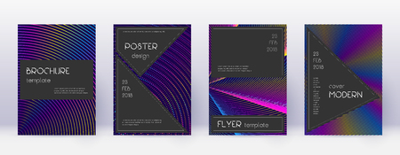 Black brochure design template set. Rainbow abstract lines on dark blue background. Admirable brochure design. Captivating catalog, poster, book template etc.のイラスト素材