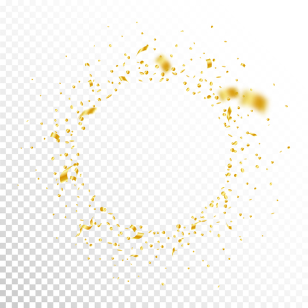 Streamers and confetti. Gold tinsel and foil ribbons. Confetti vignette on white transparent background. Beautiful paty overlay template. Juicy celebration concept.のイラスト素材