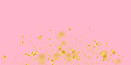 Streamers and confetti. Gold tinsel and foil ribbons. Confetti explosion on pink background. Beautiful paty overlay template. Valuable celebration concept.のイラスト素材