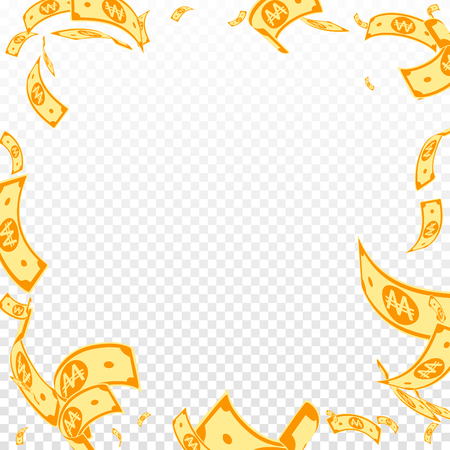 Korean won notes falling. Random WON bills on transparent background. Korea money. Dazzling vector illustration. Graceful jackpot, wealth or success concept.のイラスト素材