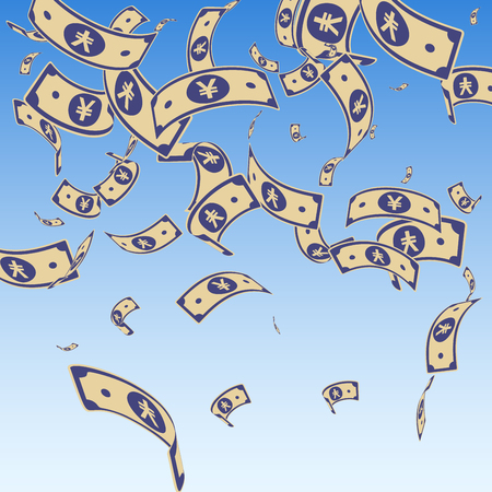 Chinese yuan notes falling. Random CNY bills on blue sky background. China money. Elegant vector illustration. Indelible jackpot, wealth or success concept.のイラスト素材