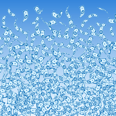 Bitcoin, internet currency notes falling. Small BTC bills on blue sky background. Cryptocurrency, digital money. Actual vector illustration. Resplendent jackpot, wealth or success concept.のイラスト素材