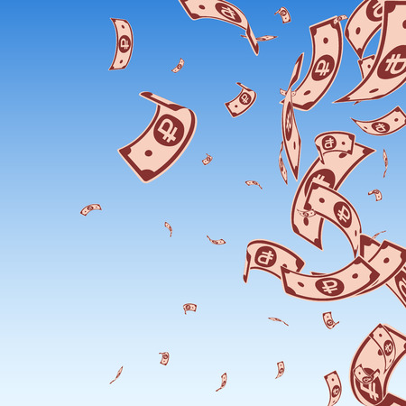 Russian ruble notes falling. Random RUB bills on blue sky background. Russia money. Bizarre vector illustration. Beauteous jackpot, wealth or success concept.のイラスト素材