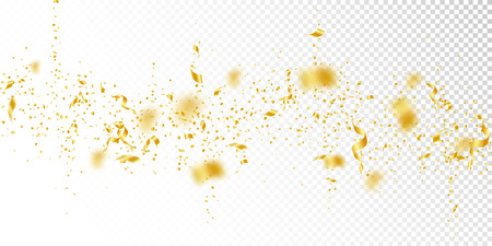 Streamers and confetti. Gold tinsel and foil ribbons. Confetti falling rain on white transparent background. Bewitching paty overlay template. Interesting celebration concept.のイラスト素材